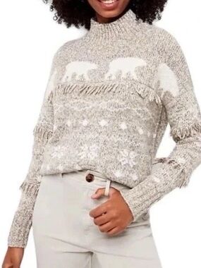 LOFT Mock Neck Marled Knit Polar Bear Sweater in Heathered Gray and Cream XS